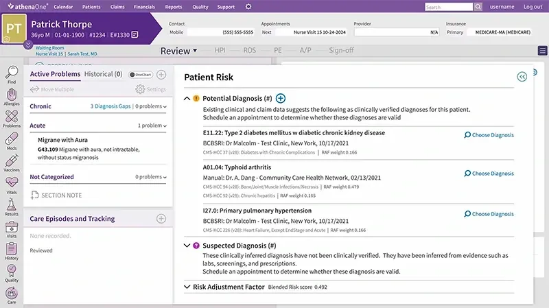 Ambulatory chart: a patient risk panel of potential and suspected diagnoses beside a problem list, framed by a sidebar of nineteen module icons